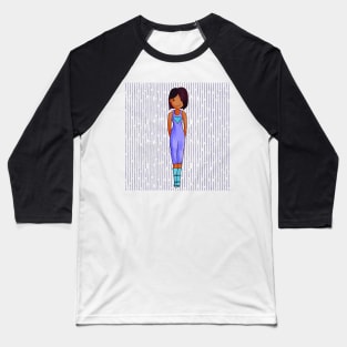 Cute brown girl wearing turquoise boots and a purple outfit with a turquoise heart. Baseball T-Shirt